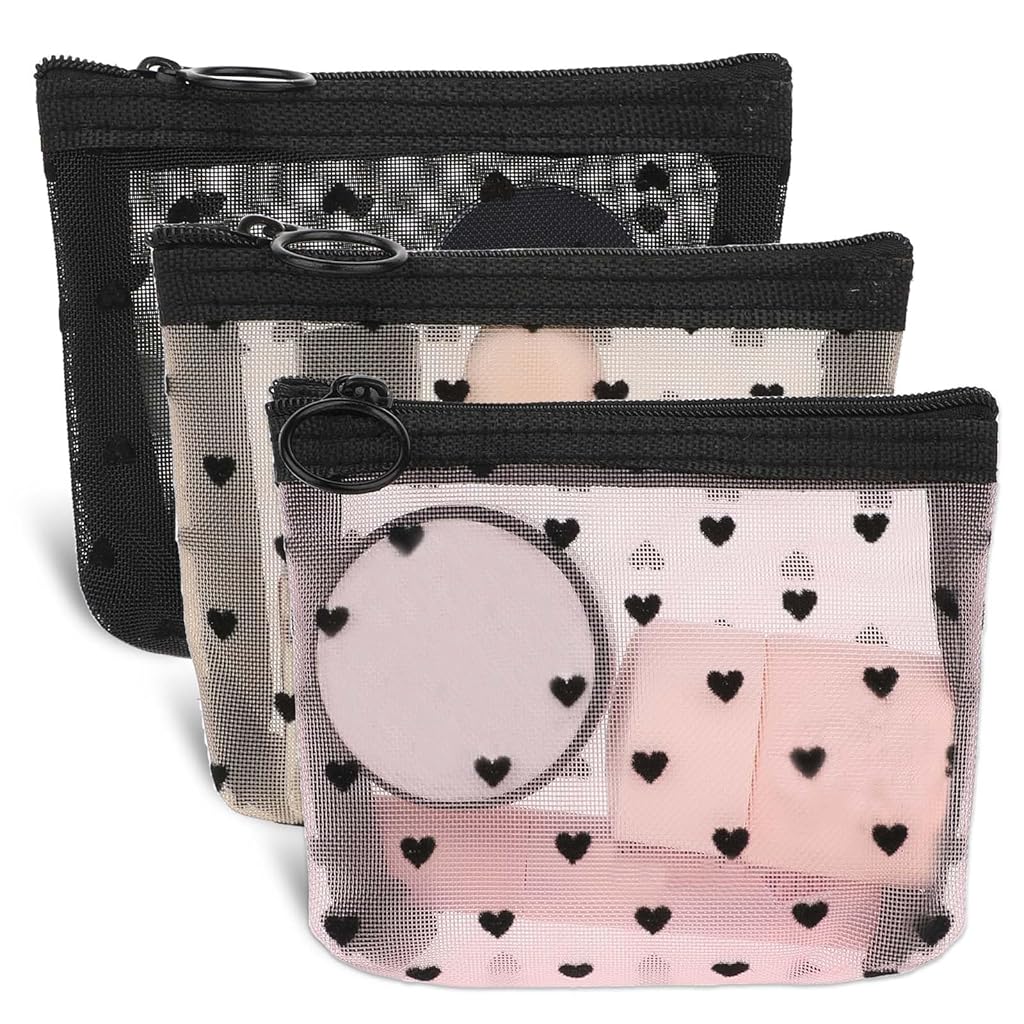 MAYCREATE® 3Pcs Small Pouches for Women, Mini Mesh Lipstick Makeup Pouch, Zipper Coin Pouch Purse, Heart Prints Small Pouch Cosmetic Bags, See-through Accessories Storage Organizer, 12x9cm MAYCREATE® 3Pcs Small Pouches for Women, Mini Mesh Lipstick Makeup Pouch, Zipper Coin Pouch Purse, Heart Prints Small Pouch Cosmetic Bags, See-through Accessories Storage Organizer, 12x9cm